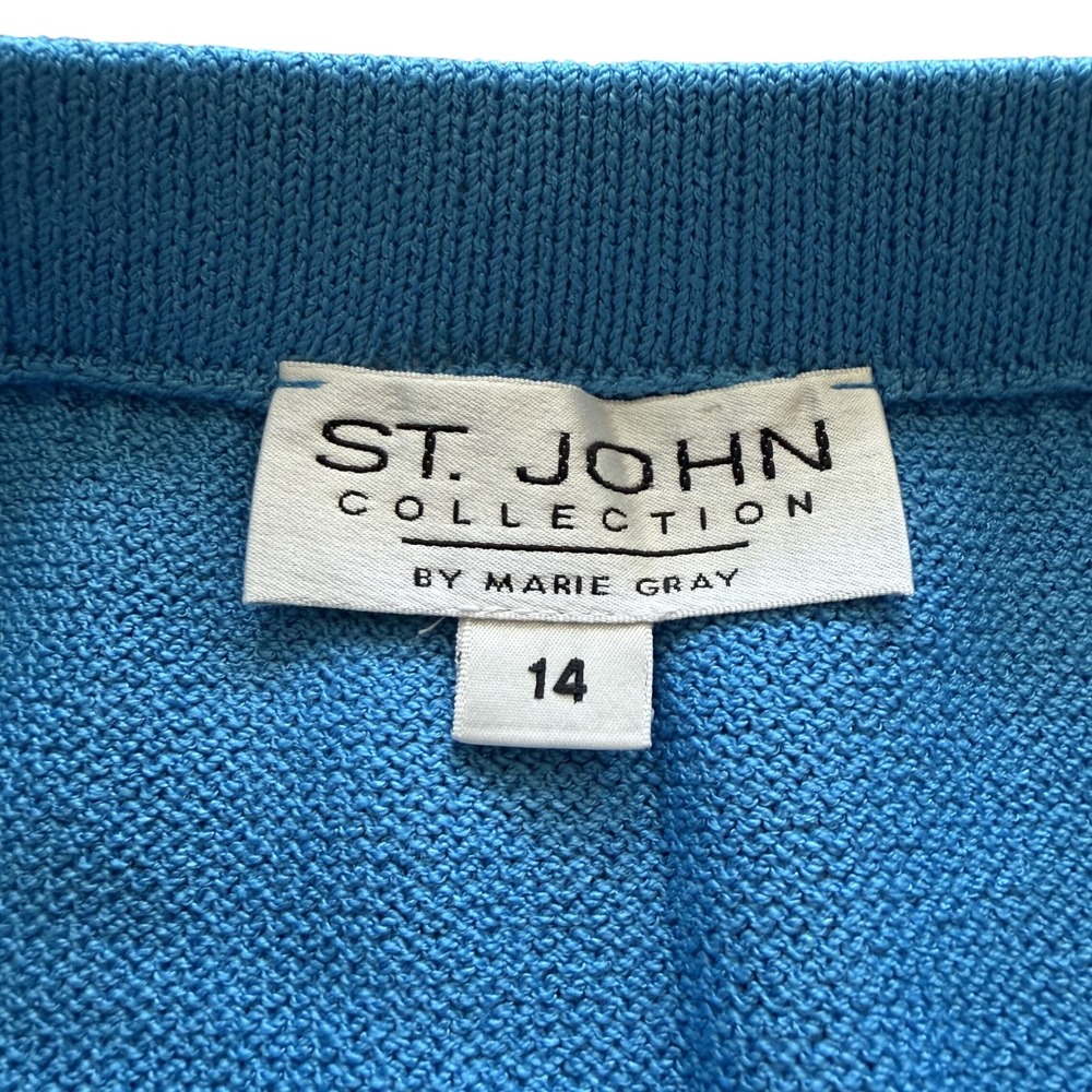 St John Collection Blue Santana Knit Skirt Suit Gold Button Jacket Set Size 14 - Picture 6 of 6